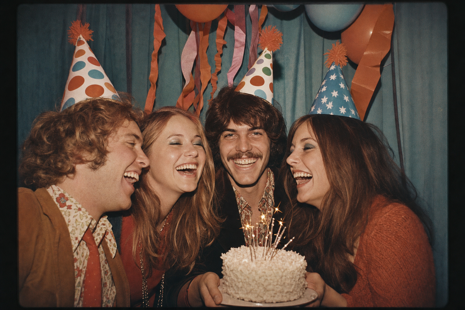 Friends in party hats laughing around a birthday cake with sparklers