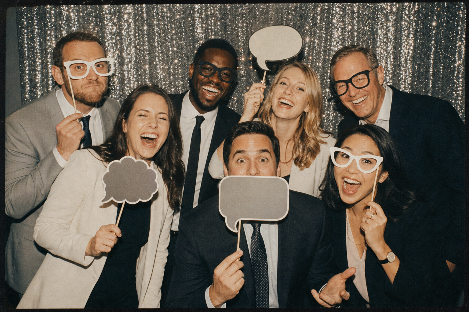 Coworkers having fun with props at a corporate event photo booth