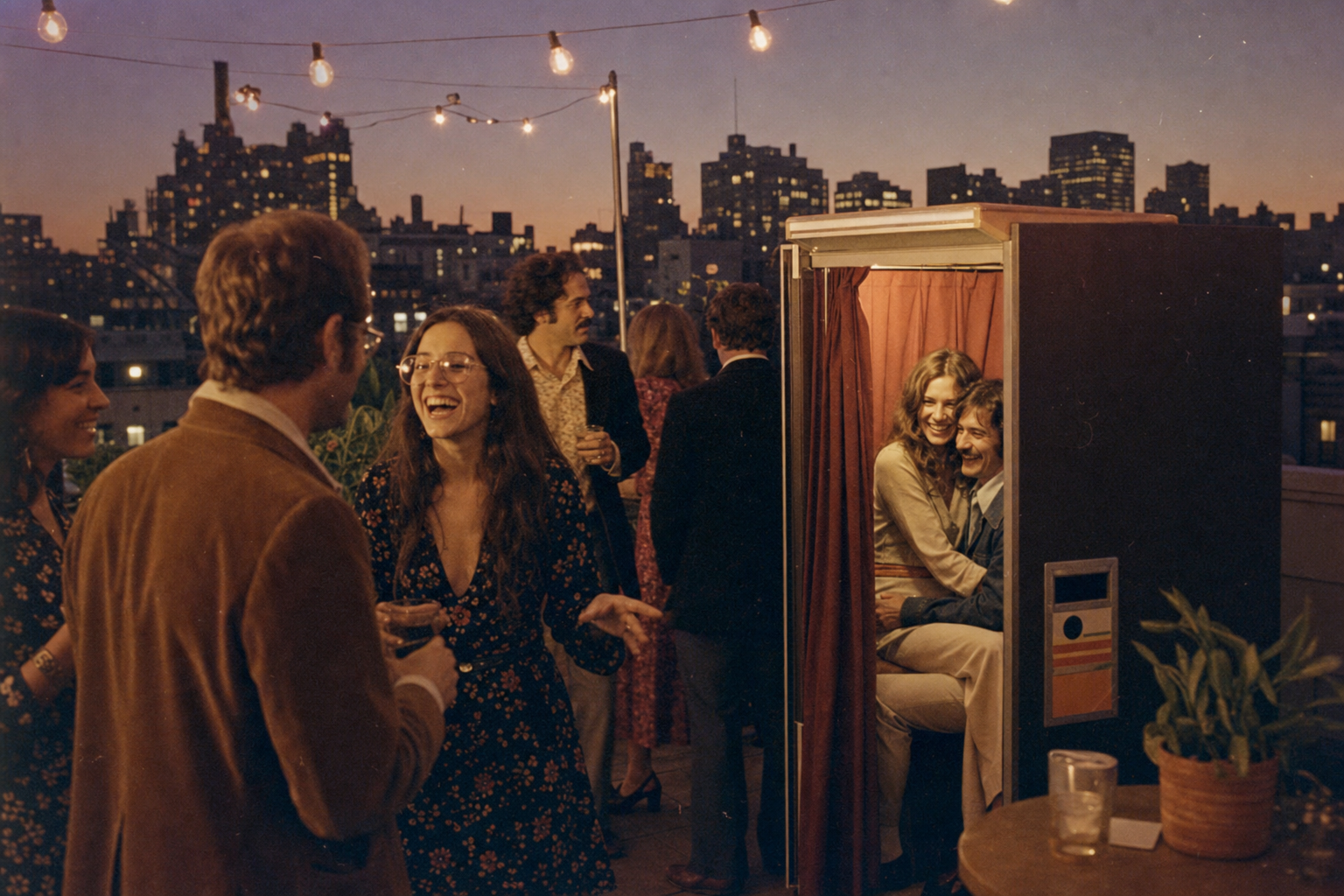 Rooftop evening event downtown with a vintage photo booth under string lights