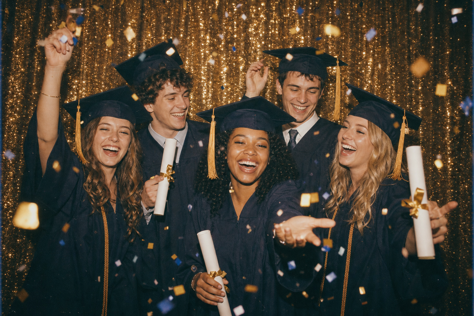 Graduates in caps and gowns celebrating with confetti
