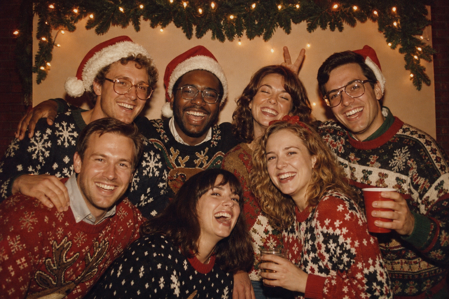 Festive group in holiday sweaters and santa hats at a holiday party booth