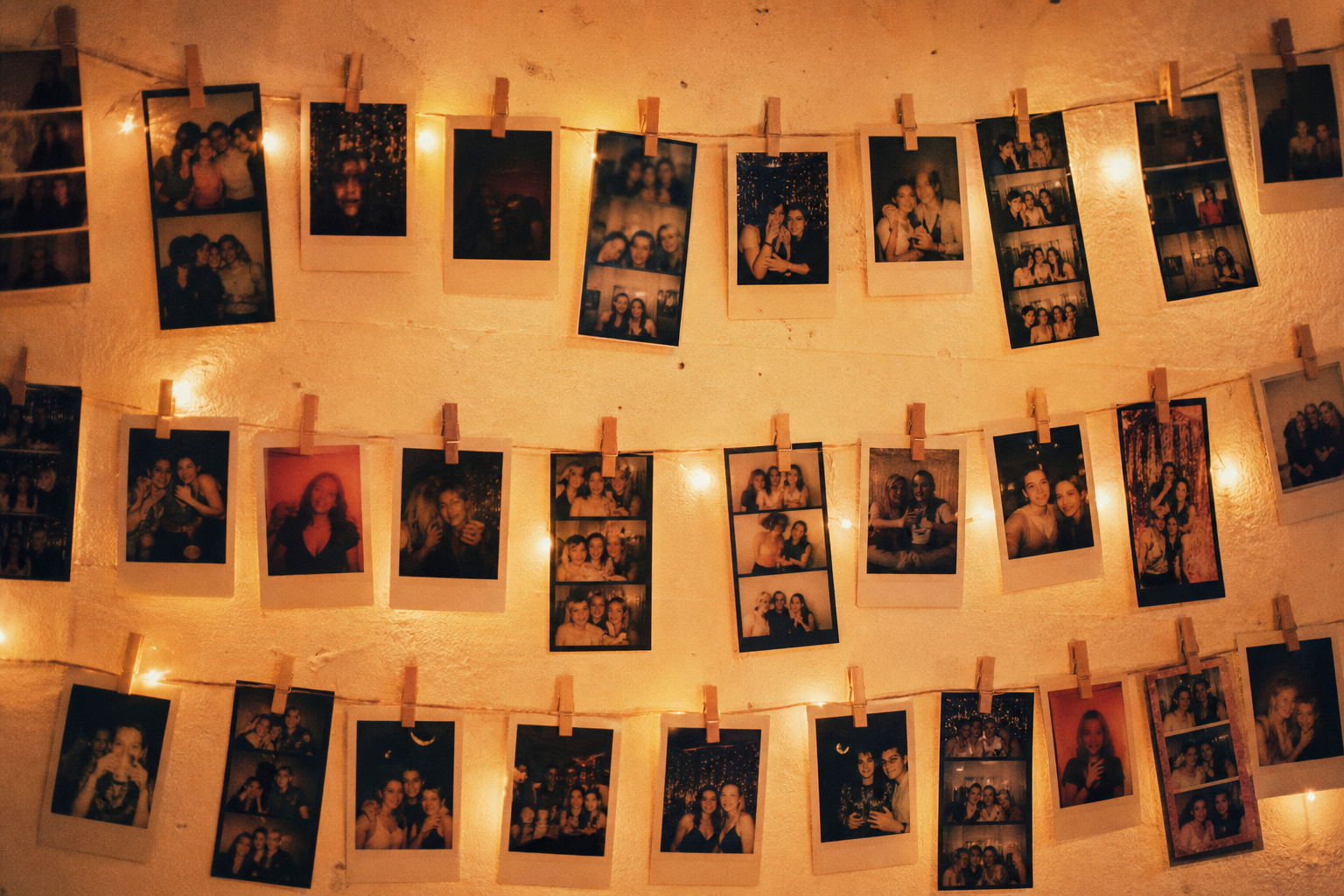 Wall of polaroid prints and photo strips hung with clothespins and fairy lights