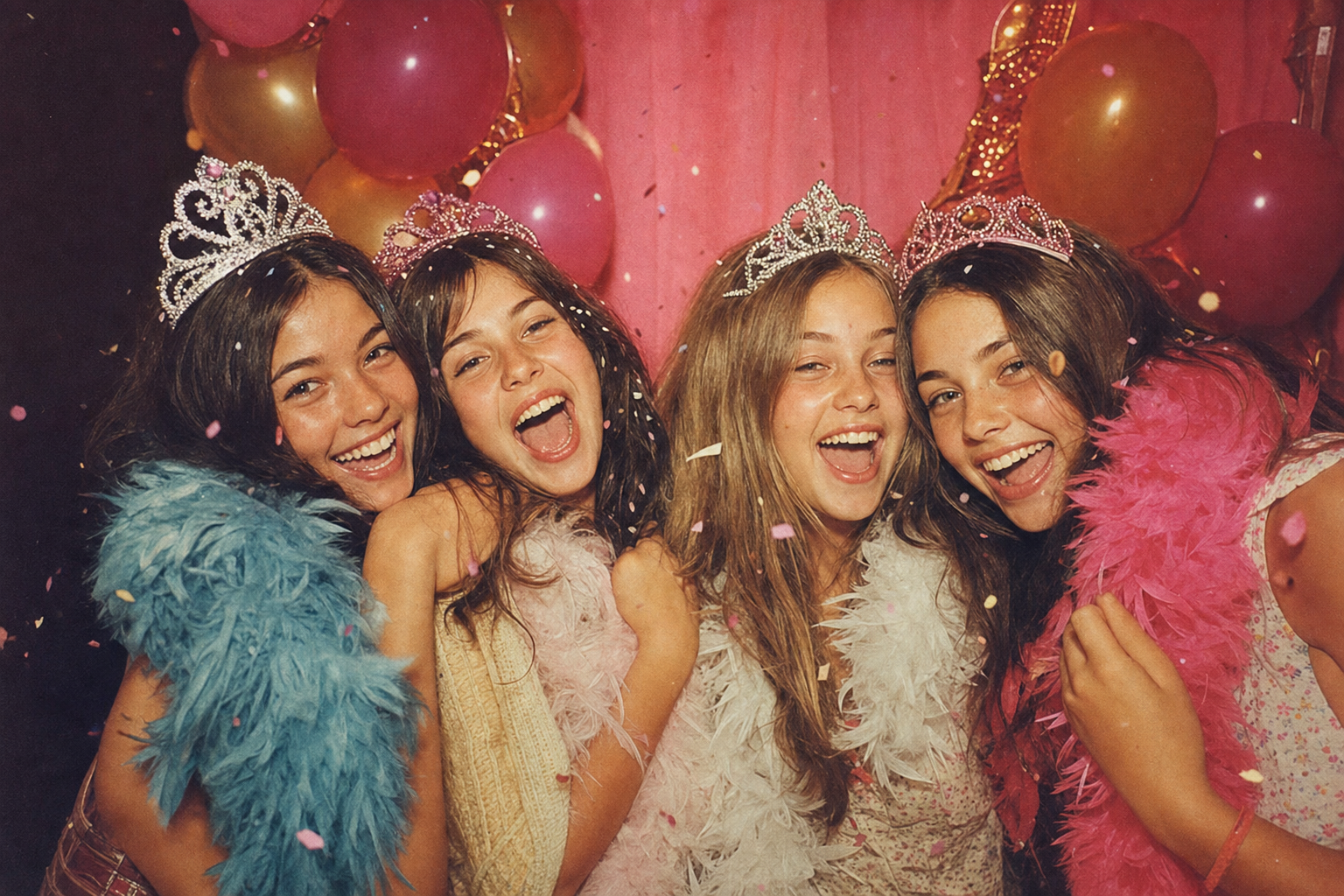 Teenagers in tiaras and boas celebrating a sweet sixteen