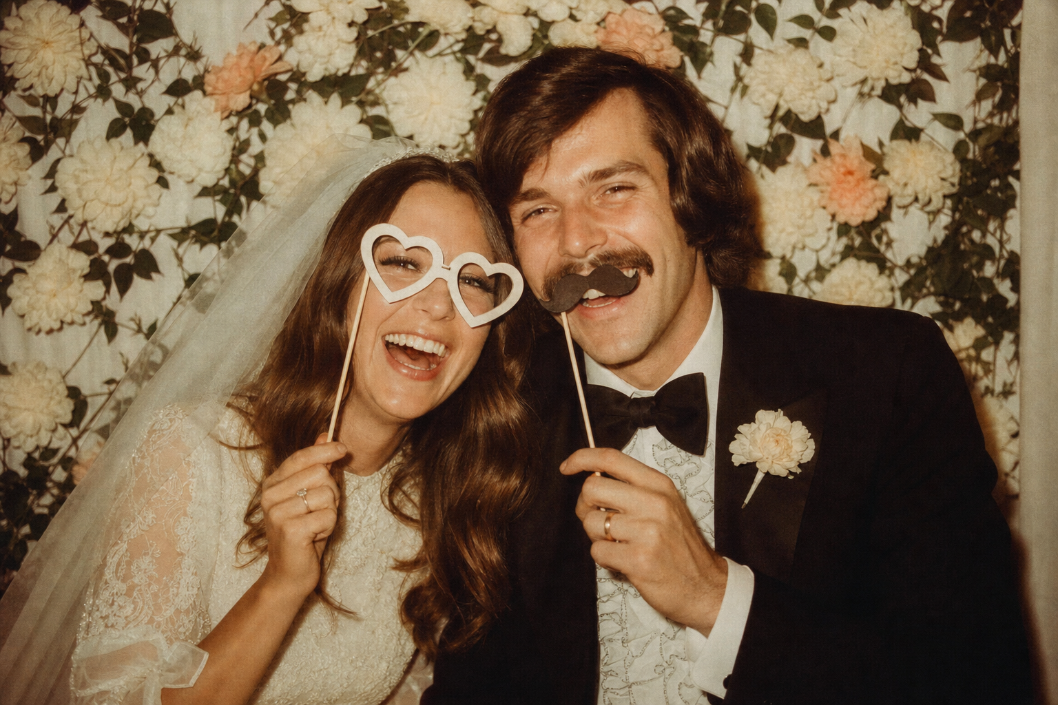 Bride and groom laughing with photo booth props at their reception