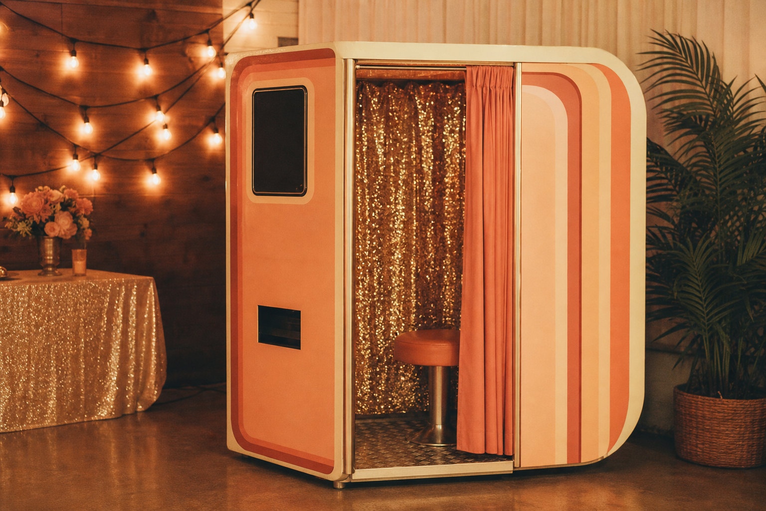 Vintage photo booth setup with string lights and gold sequin backdrop